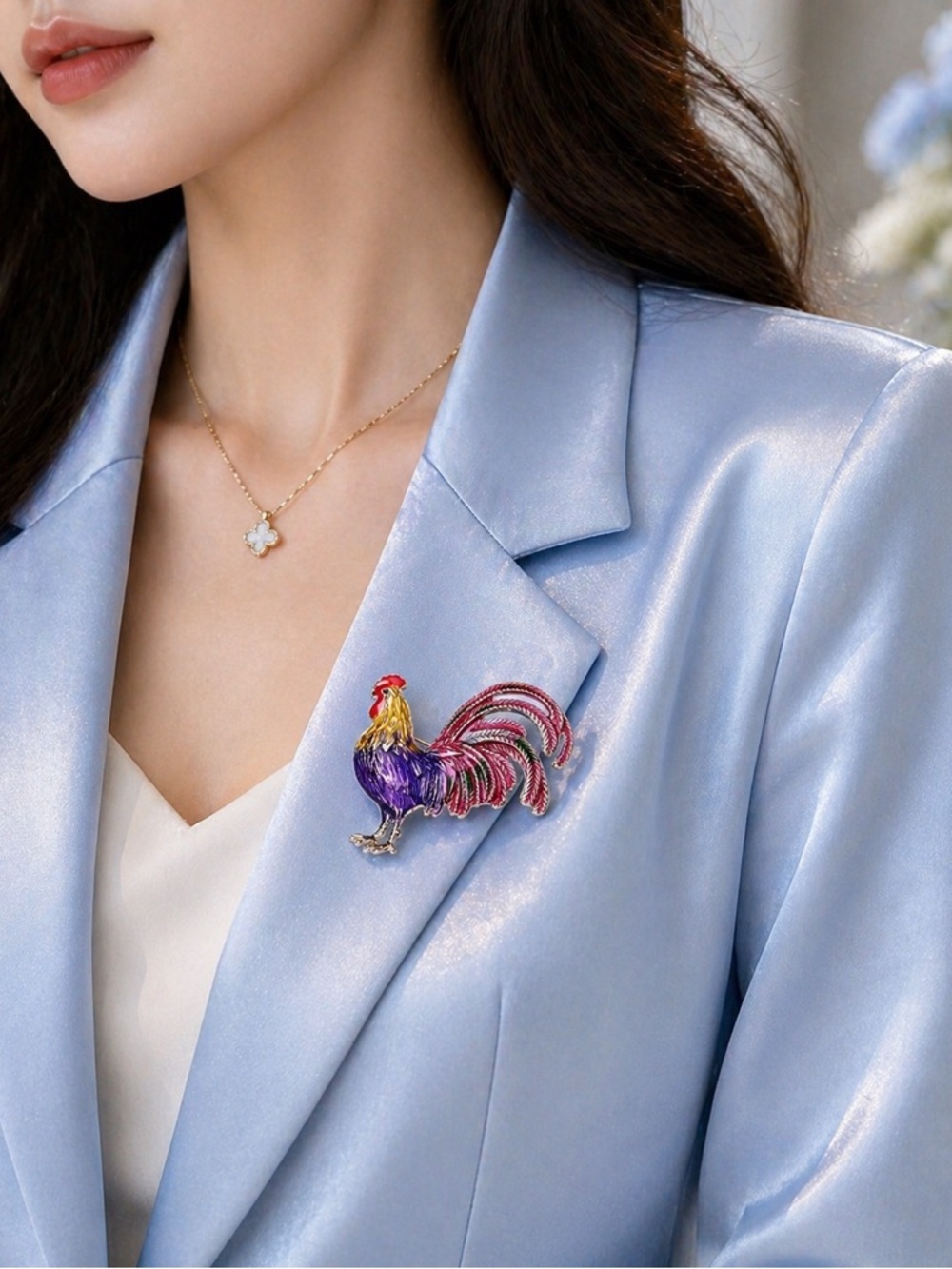 Purple Rooster Gold Brooch